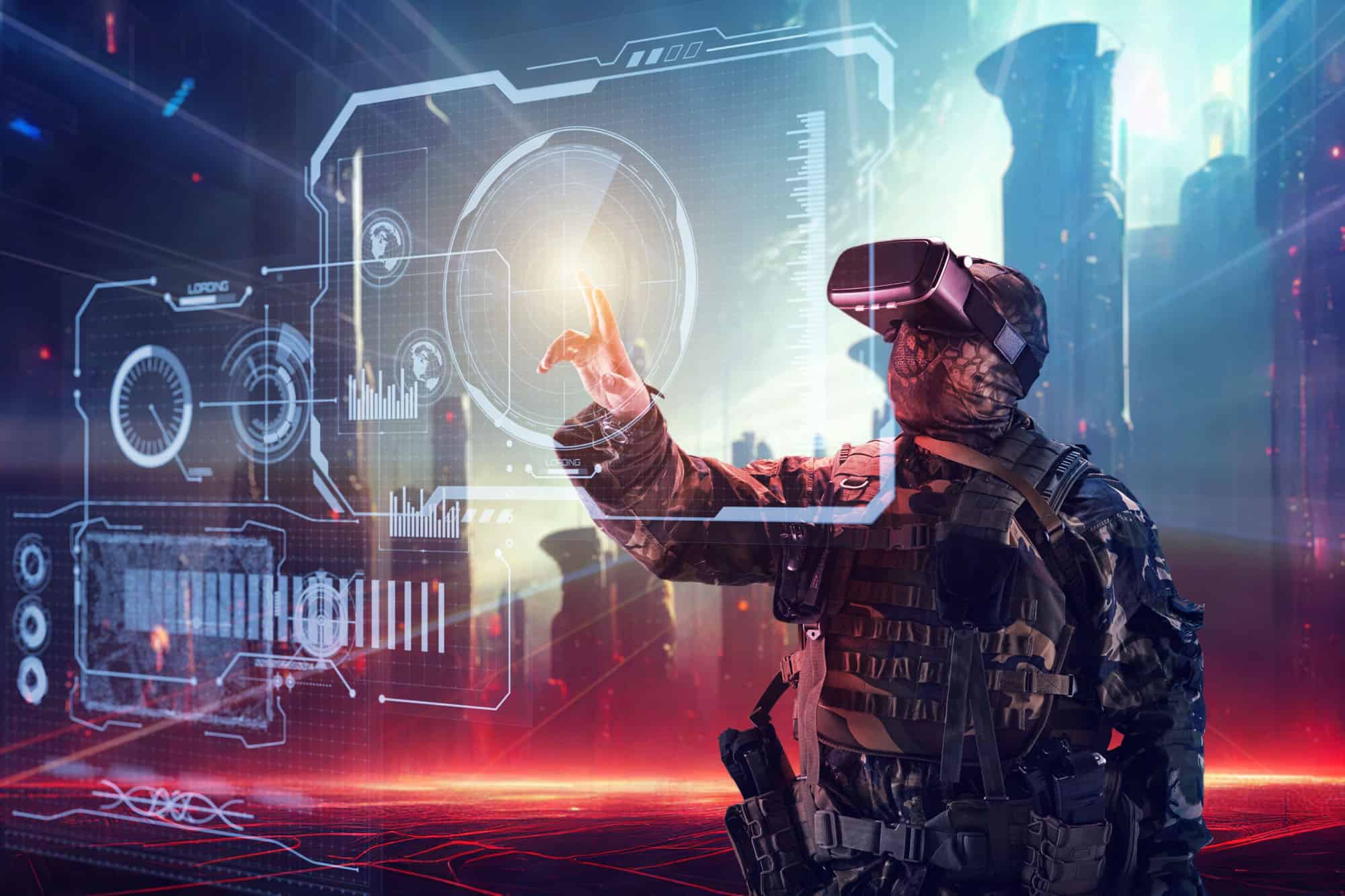 Um soldado usando óculos de realidade virtual interage com a rede.