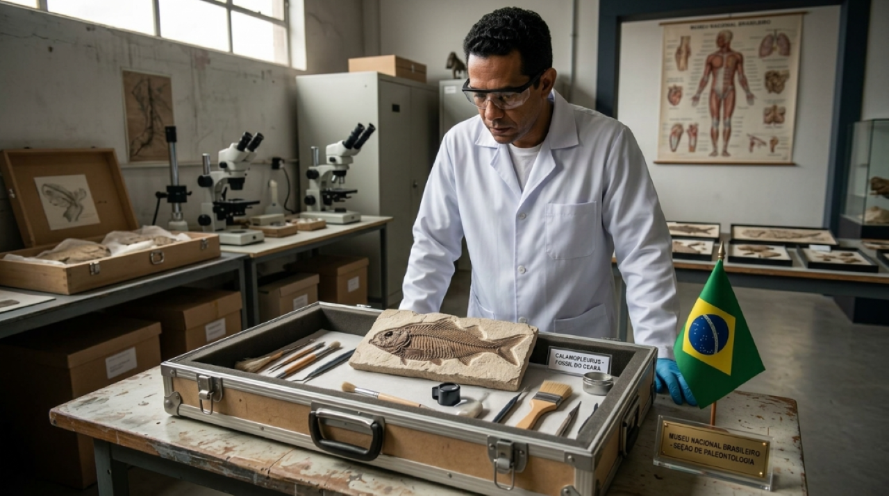 Fósseis do Ceará com 110 milhões de anos foram contrabandeados dentro de mala para museus da Europa por décadas, e a repatriação de um peixe fossilizado em 2022 envolveu Polícia Federal e tribunal alemão