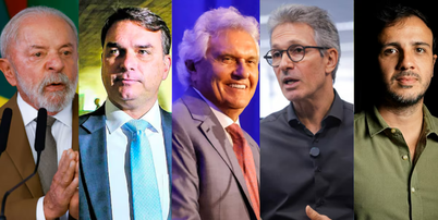 Lula (PT), Flávio Bolsonaro (PL), Ronaldo Caiado (PSD), Romeu Zema (Novo) e Renan Santos (Missão), candidatos à Presidência da República Foto: Wilton Junior/Tiago Queiroz/Cauê Del Valle/Divulgação MBL/Taba Benedicto Foto: Wilton Junior/Tiago Queiroz/Cauê Del Valle/Divulgação MBL/Taba Benedicto
