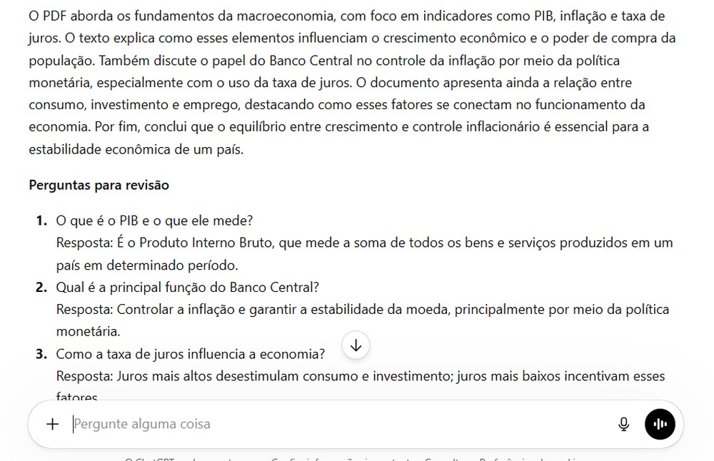 ChatGPT é capaz de fazer resumo de PDF e gerar perguntas e respostas para estudar — Foto: Reprodução/Rodrigo Fernandes