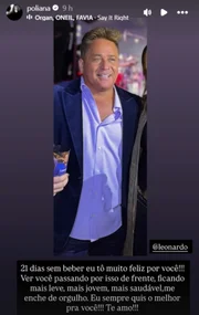 Poliana Rocha celebrou 21 dias de Leonardo sem consumo de bebida alcoólica.