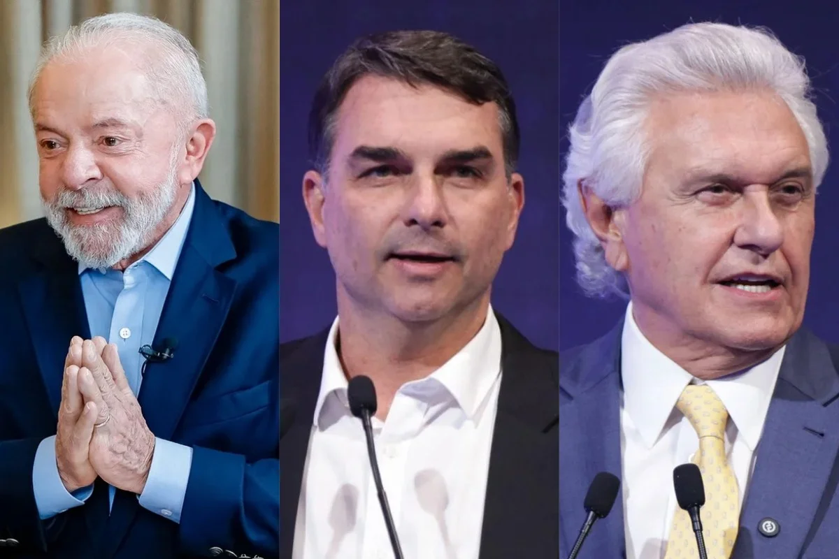 Montagem com fotos de Lula, Flávio Bolsonaro e Ronaldo Caiado feitas por Ricardo Stuckert, Luis Nova e Kebec Nogueira