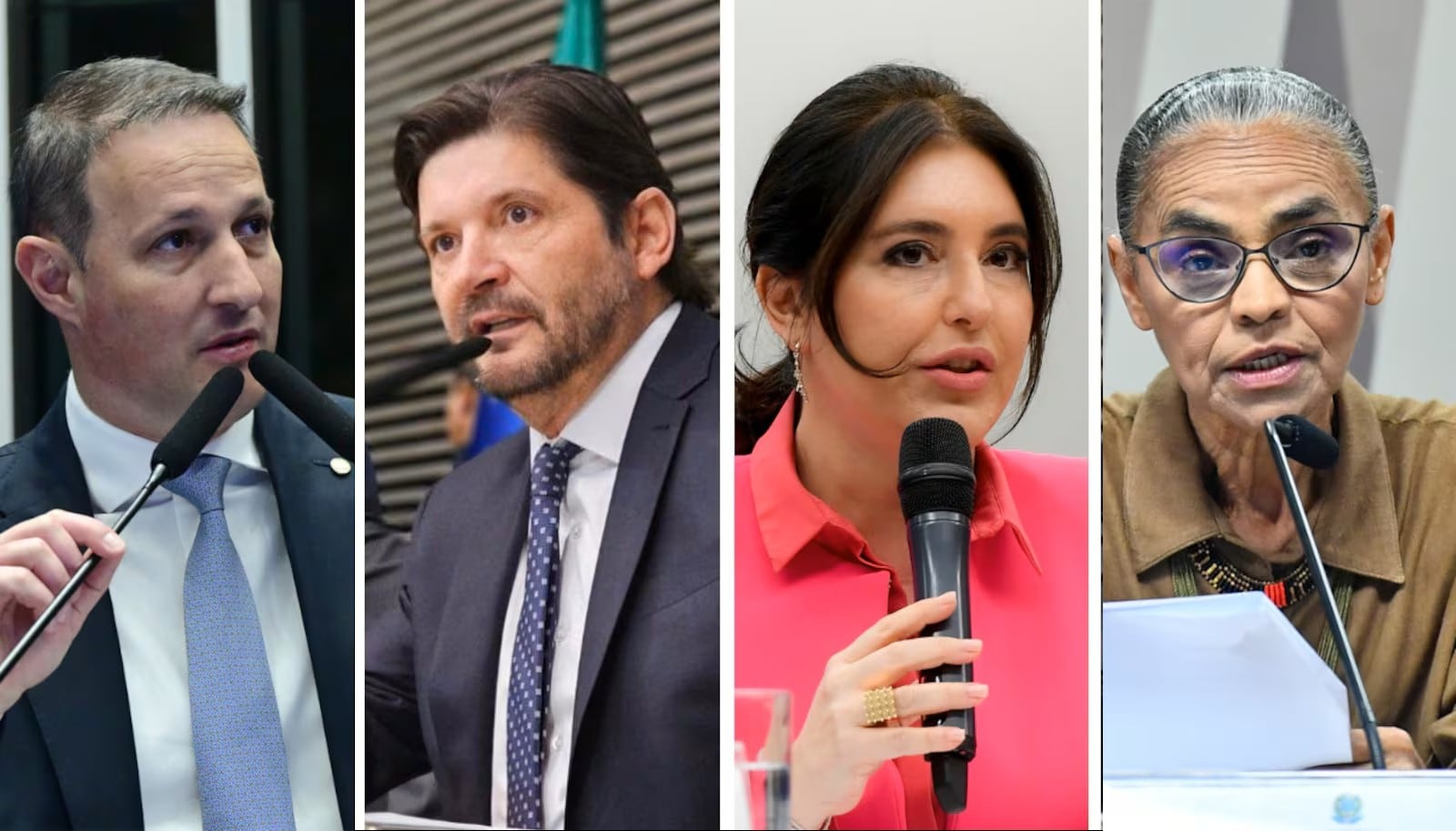 Guilherme Derrite, André do Prado, Simone Tebet e Marina Silva são os mais lembrados para o Senado Montagem/Geraldo Magela/Agência Senado - 12.12.2025, Marcos Oliveira/Agência Senado - 08.07.2025, André do Prado/Divulgação Redes Sociais - 02.09.2025 e Geraldo Magela/Agência Senado - 27.05.2025