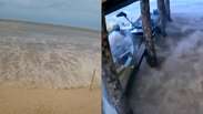 Câmera registra avanço repentino do mar que destruiu barcos e invadiu restaurante em SC