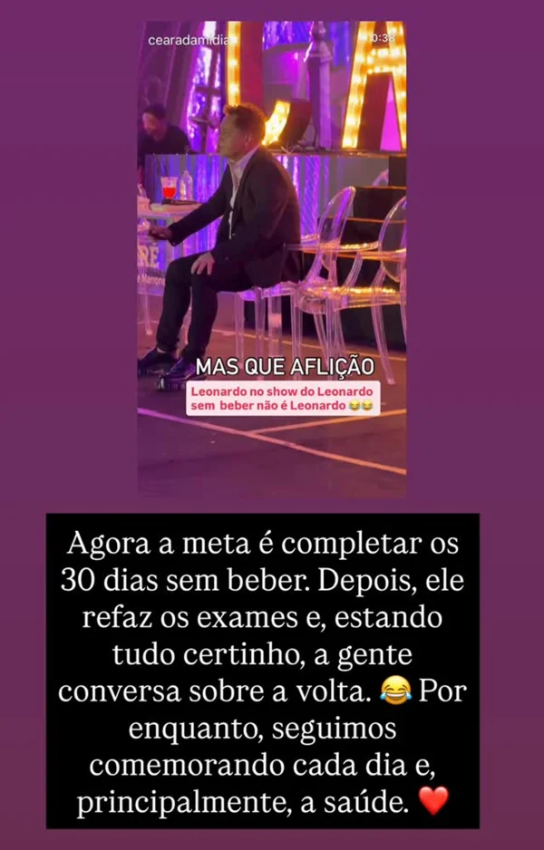 Poliana revela meta de Leonardo sem álcool e condição para voltar a beber - destaque galeria