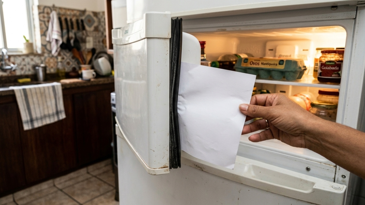 Técnico de geladeira faz um teste com 1 folha de papel antes de trocar a borracha da geladeira: se ela sai da porta sem resistência, a vedação pode ter falhado