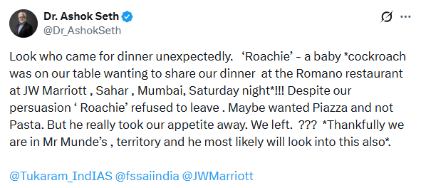 Uma piada sarcástica do médico sobre o JW Marriott de Mumbai enquanto uma barata rastejava ao redor de sua mesa