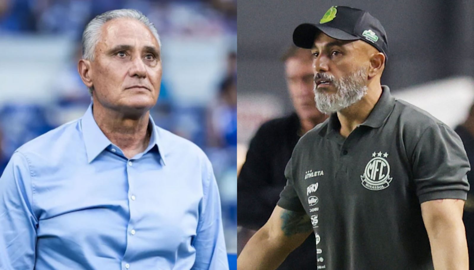 Tite, técnico do Botafogo, e Rafael Guanaes, treinador do Mirassol Gustavo Aleixo/Cruzeiro e Thiago Bernardes/Reuters