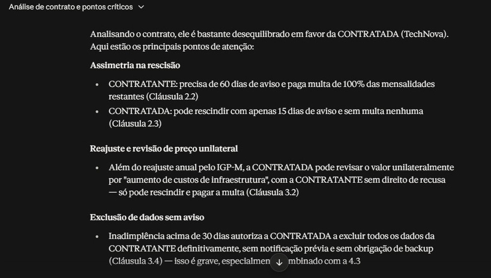 Contrato resumido pelo Claude — Foto: Diedrich Bader/TechTudo