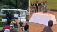 Lula chega a festa de anivers&aacute;rio com bolo e apoiadores em Bras&iacute;lia