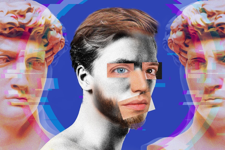 collage of a man's face with perfect eyes and lips torn from a magazine and the face of Statue of David either side