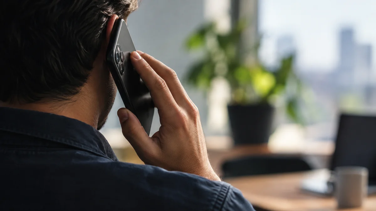 Pessoa com telefone no ouvido simulando uma chamada telefônica