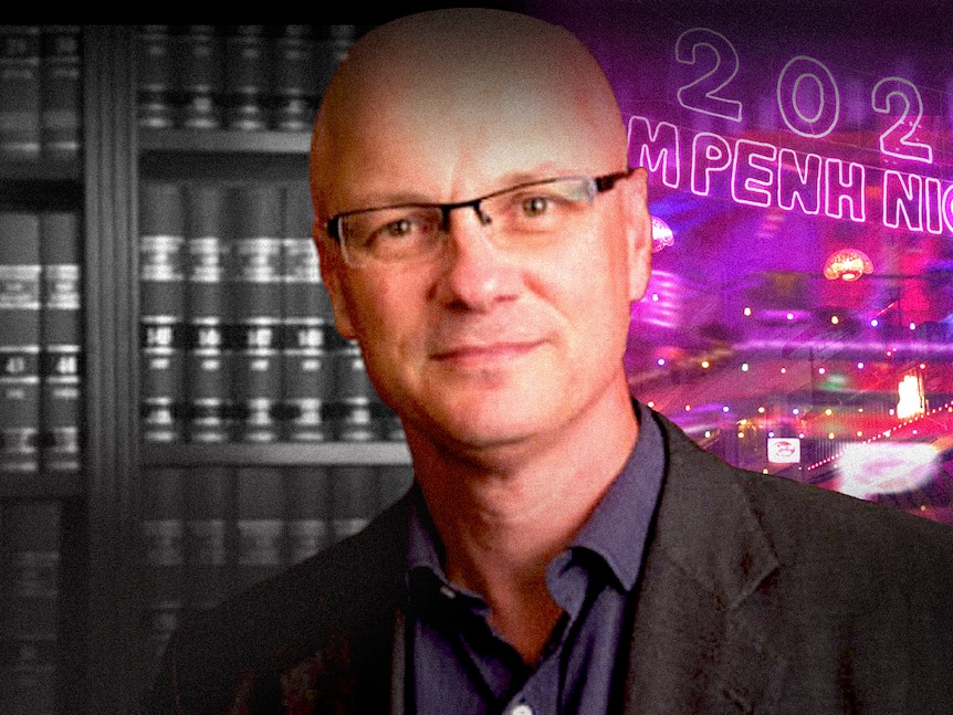 A designed image showing a man wearing glasses, a business shirt and jacket, flanked by legal books and neon signs.