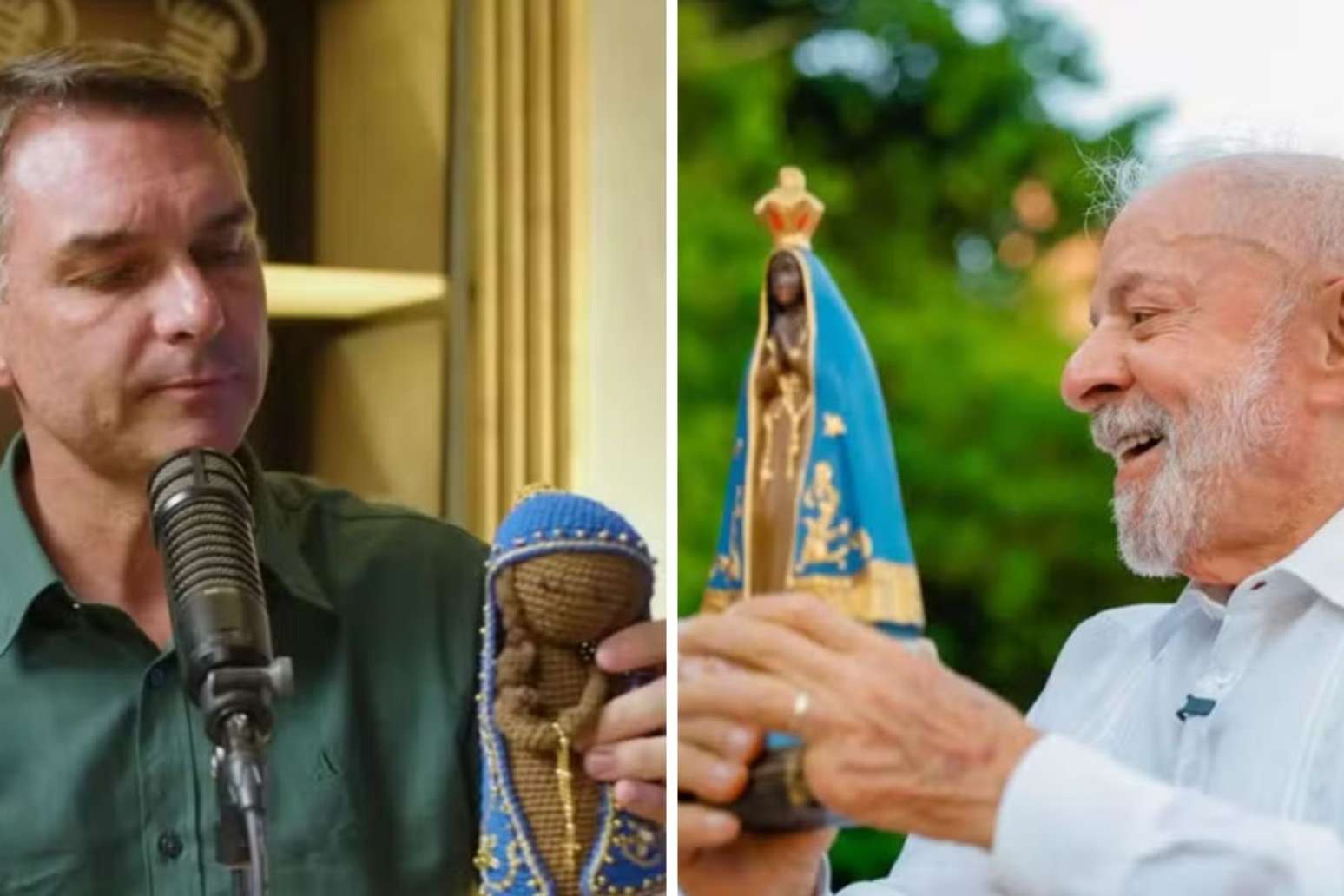 Fl&aacute;vio Bolsonaro (PL) segura imagem de Nossa Senhora Aparecida | Lula (PT) com imagens de Nossa Senhora Aparecida