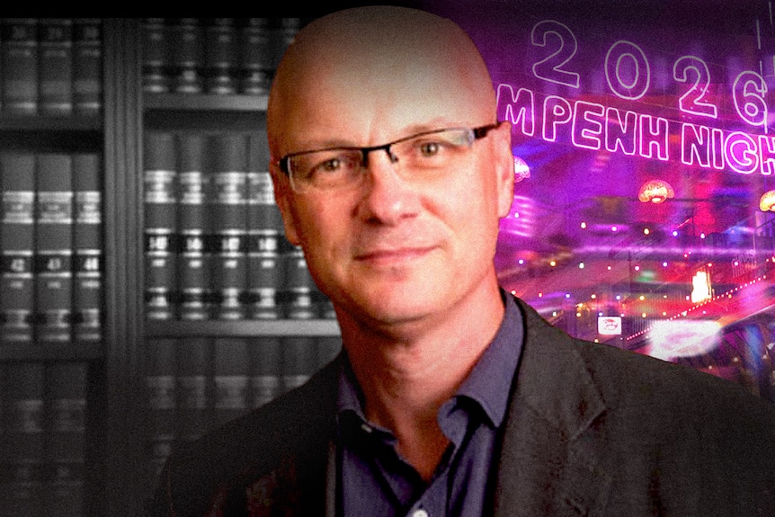 A designed image showing a man wearing glasses, a business shirt and jacket, flanked by legal books and neon signs.