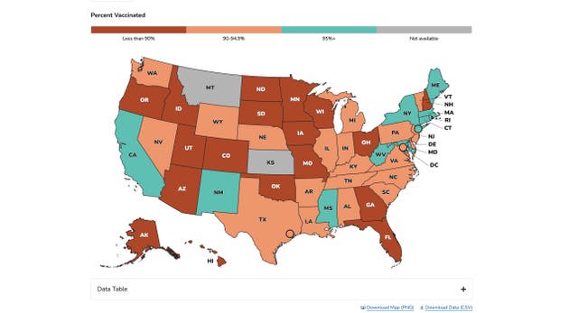 This CDC map, last updated October 2, shows vaccination rates among U.S. kindergarteners. The turquoise states have most coverage, with vaccinate rates above 95 percent, the level needed for immunity. Those in burnt orange have rates below 90 percent and those in light orange are in between 90-94.9 percent