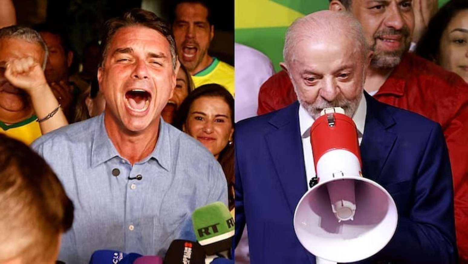 Os candidatos Flávio Bolsonaro (PL) e Lula (PT) após o primeiro turno