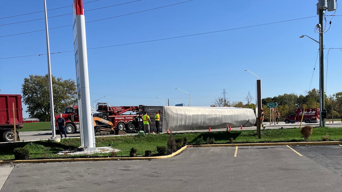 Tractor trailer rollover at County Road 42/Manning Road roundabout