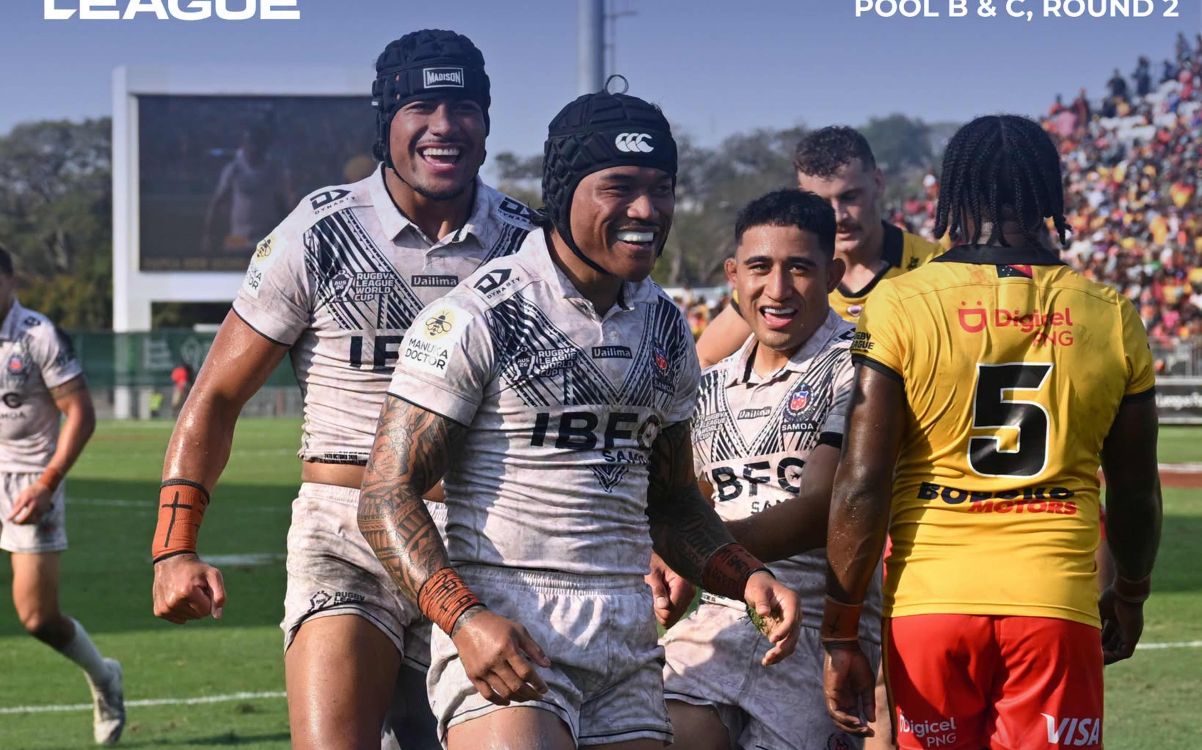 Spencer Leniu celebrates a try as Toa Samoa beat the PNG Kumuls 64 points to 6.