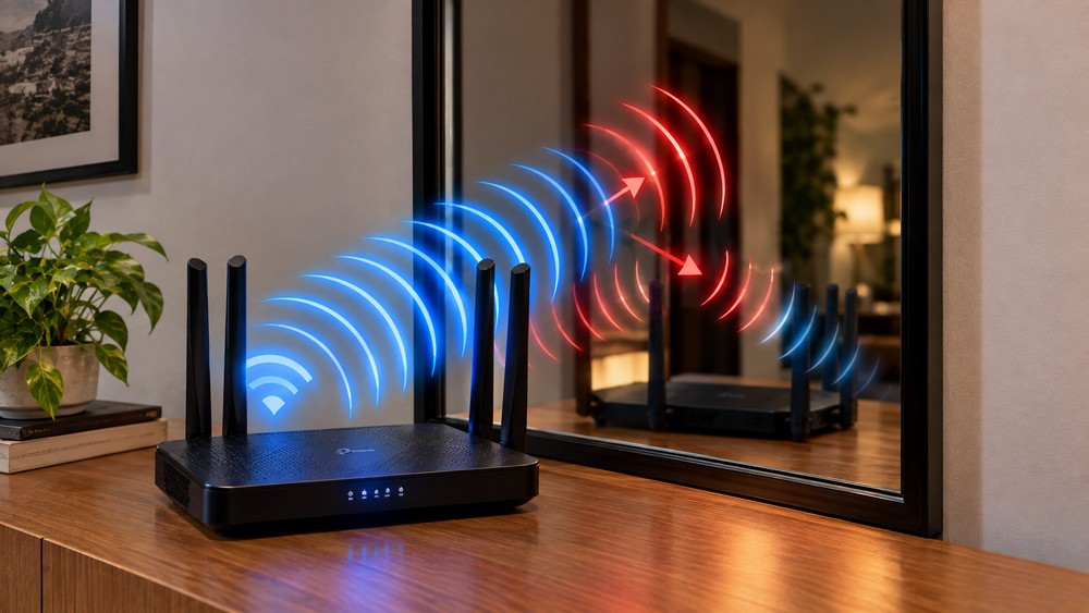 Assim como reflete a luz, o vidro também reflete parte dos sinais de rádio emitidos pelo roteador — Foto: Imagem gerada por IA