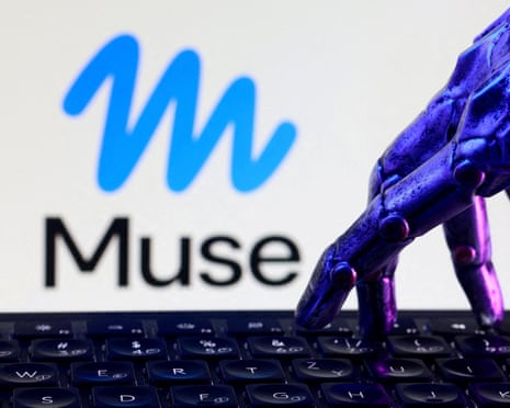 The Meta Muse logo on a computer screen, and robotic hand typing on the keyboard